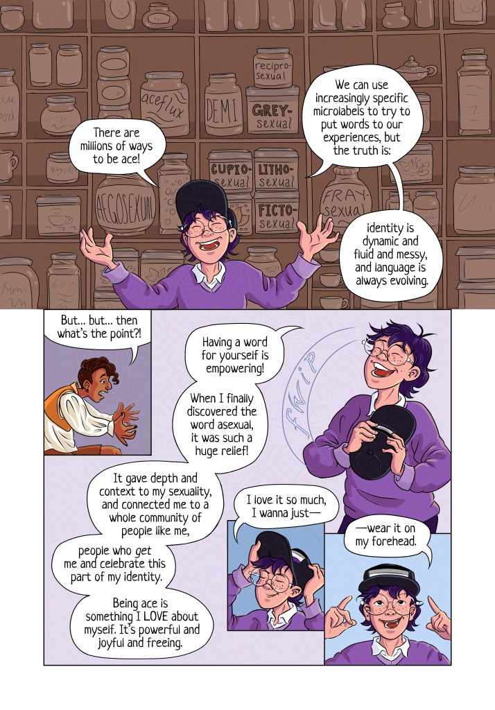 Page 5 Panel 1: The second friend is visible from the chest up, hands outstretched joyfully. Behind them is a shelf full of jars and containers with lots of different labels: aceflux, demi, recipro-sexual, grey-sexual, aegosexual, cupio-sexual, litho-sexual, ficto-sexual, fray-sexual. Friend #2: “There are millions of ways to be ace! We can use increasingly specific microlabels to try to put words to our experiences, but the truth is: identity is dynamic and fluid and messy, and language is always evolving.” Panel 2: This is an inset panel, showing friend number one leaning forward in consternation, arms thrown wide and hands gesturing wildly. Friend #1: But…but… then what’s the point?!” Panel 3: The second friend scoops their hat off their forehead, which makes a “fwip” sound, and holds it lovingly over their heart. Friend #2: “Having a word for yourself is empowering! When I finally discovered the word asexual, it was such a huge relief! It gave depth and context to my sexuality, and connected me to a whole community of people like me, people who *get* me and celebrate this part of my identity. Being ace is something I LOVE about myself. It’s powerful and joyful and freeing.” Panel 4: The second friend places their hat back on their head. Friend #2: “I love it so much, I just wanna–” Panel 5: The second friend opens their eyes and points with both hands at their hat, now seated back on their head. Friend #2: “–wear it on my forehead.”